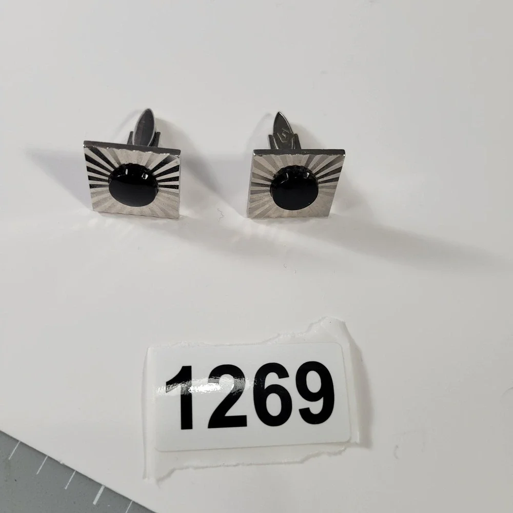 Vintage Swank Cufflinks‎ Mens Silver Tone Black Stone Sunburst Square Design